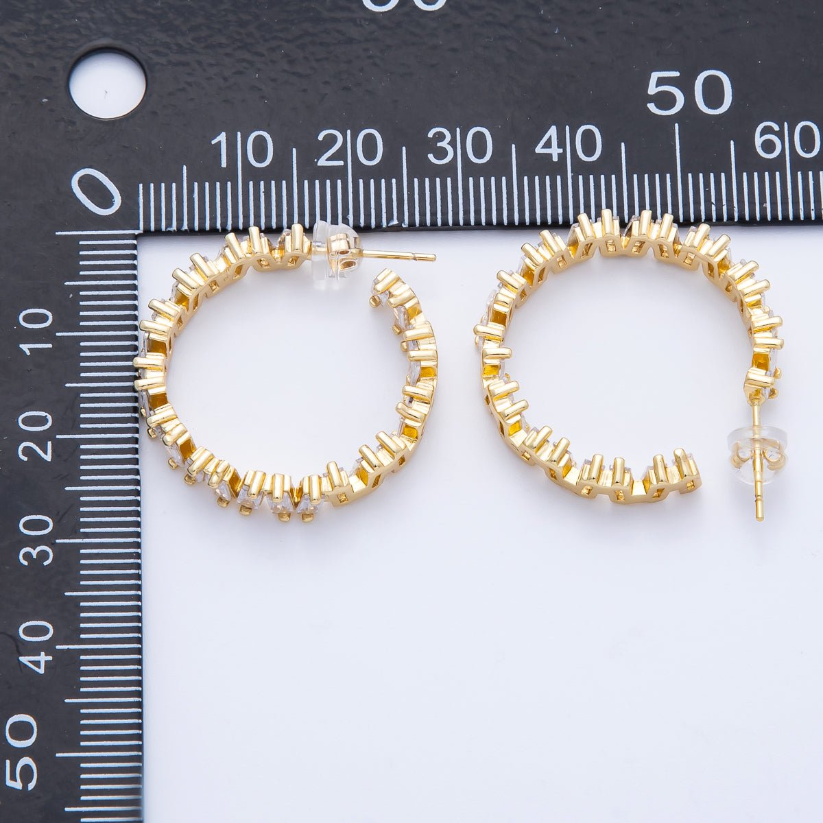 16K Gold Filled 27mm Clear Baguette CZ C - Shaped Hoop | Earrings - 00231 - DLUXCA