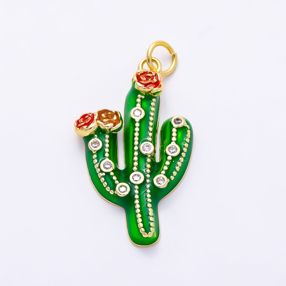 16K Gold Filled 27mm Clear CZ Plant Cactus Enamel Charm | Charms-01510 - DLUXCA