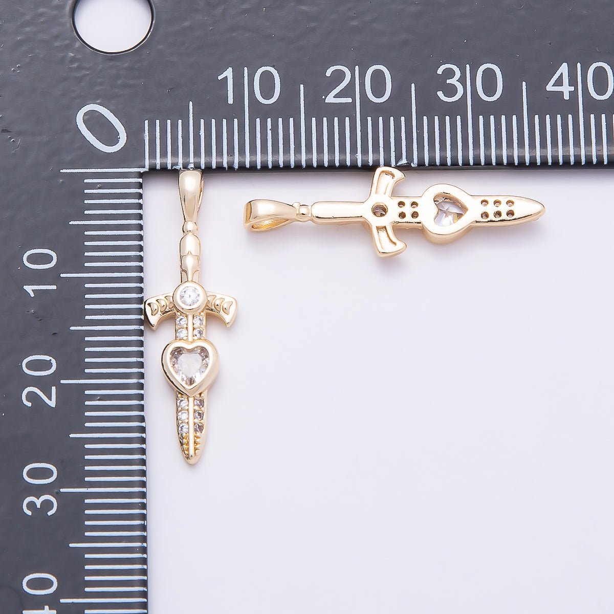 16K Gold Filled 27mm Clear Heart CZ Religious Cross Sword Pendant | Charms-01042 - DLUXCA