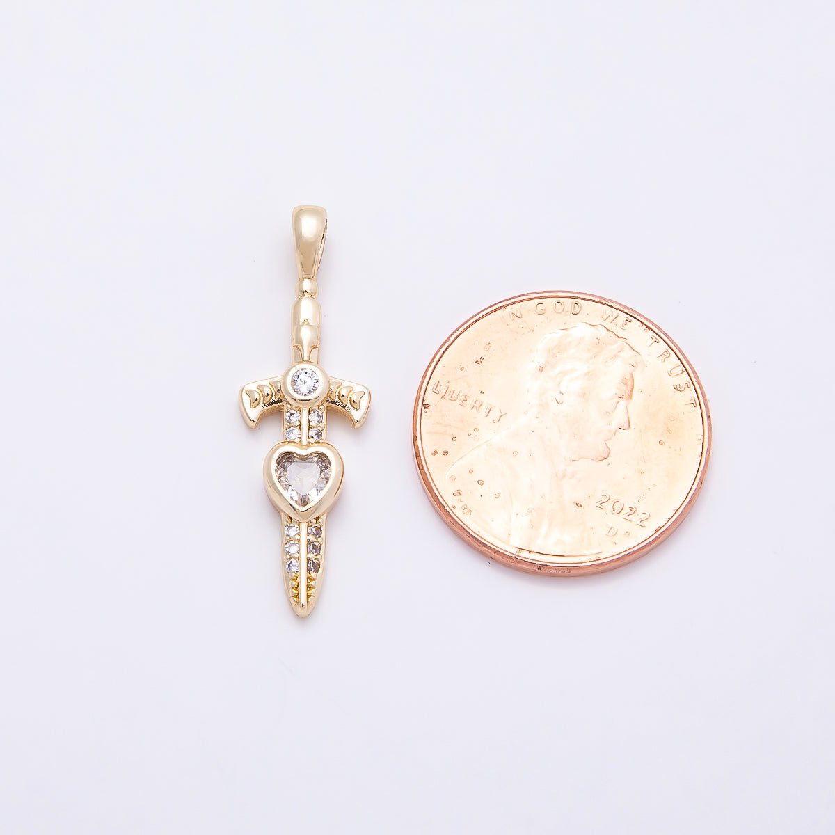 16K Gold Filled 27mm Clear Heart CZ Religious Cross Sword Pendant | Charms-01042 - DLUXCA