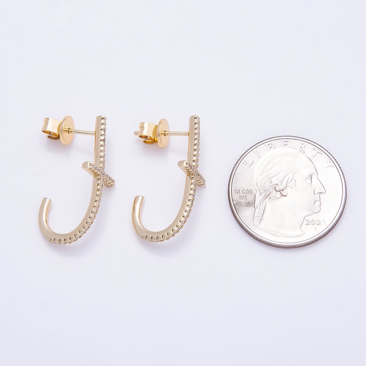 16K Gold Filled 27mm Clear T J-Shaped Micro Paved CZ Stud Earrings | Earrings-00432 - DLUXCA