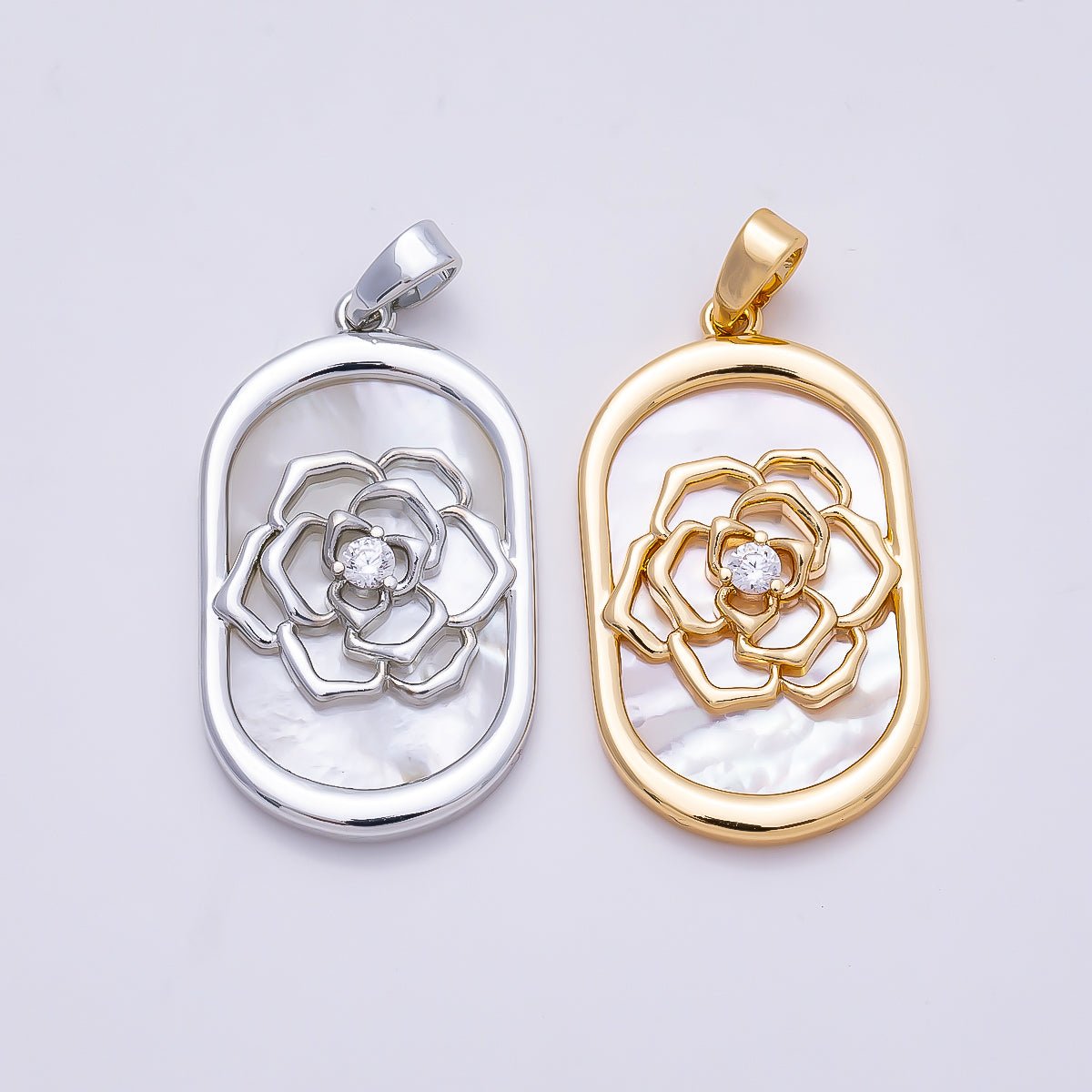 16K Gold Filled 27mm CZ Shell Pearl Rose Flower Oblong Oval Bezel Pendant | Charms-01360 - DLUXCA