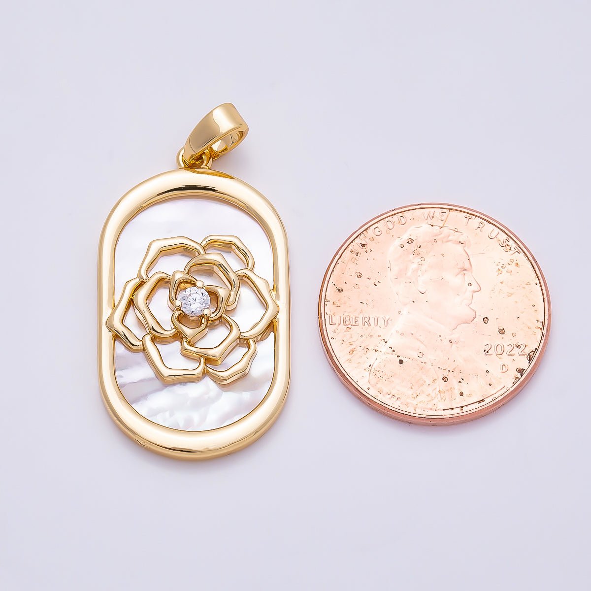 16K Gold Filled 27mm CZ Shell Pearl Rose Flower Oblong Oval Bezel Pendant | Charms-01360 - DLUXCA