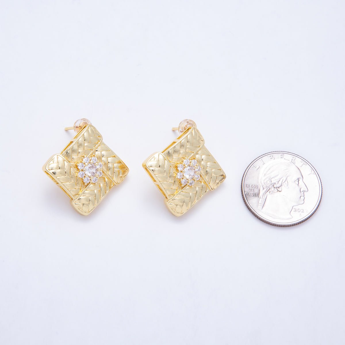 16K Gold Filled 27mm Flower Cluster CZ Textured Woven Rhombus Stud Earrings | Earrings-00826 - DLUXCA