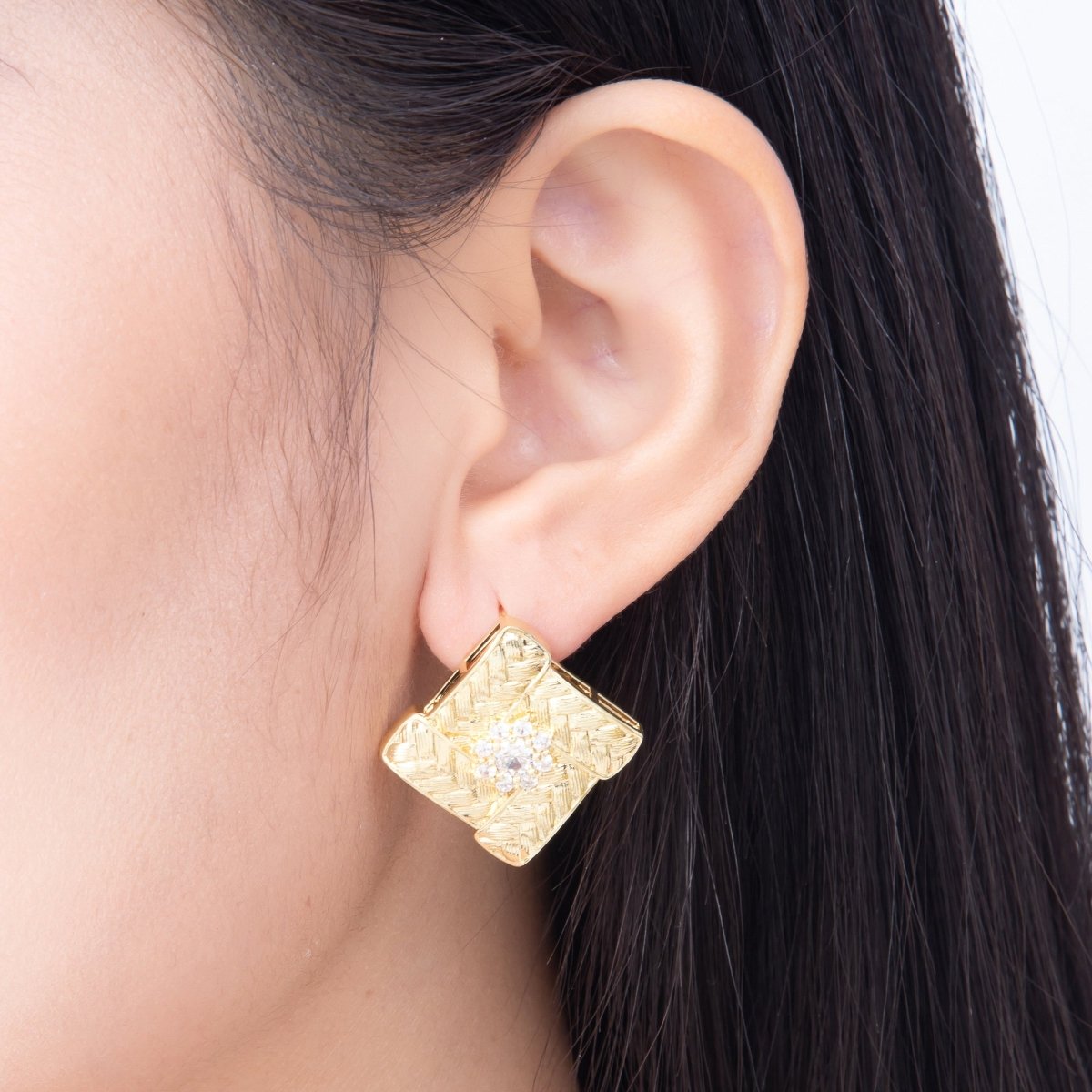16K Gold Filled 27mm Flower Cluster CZ Textured Woven Rhombus Stud Earrings | Earrings-00826 - DLUXCA