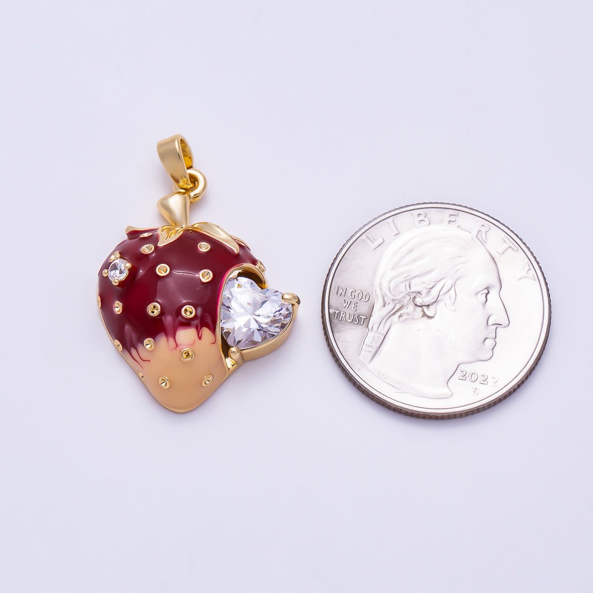 16K Gold Filled 27mm Heart CZ Chocolate Dipped Strawberry Enamel Charm | Charms-01935 - DLUXCA