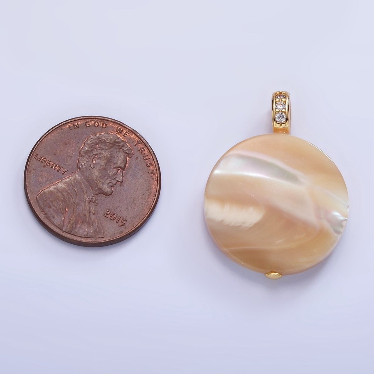 16K Gold Filled 27mm Peach White Shell Pearl Flat Round Micro Paved CZ Pendant | P1747 - DLUXCA