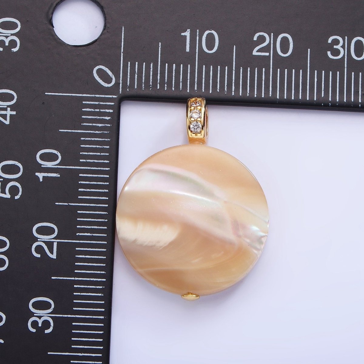 16K Gold Filled 27mm Peach White Shell Pearl Flat Round Micro Paved CZ Pendant | P1747 - DLUXCA