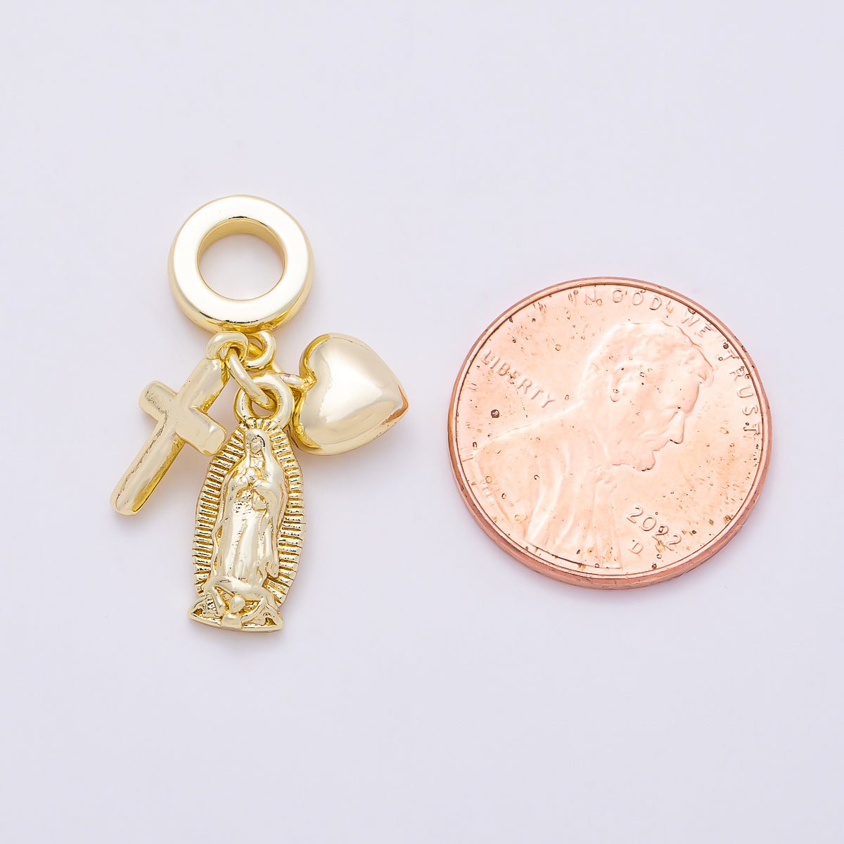 16K Gold Filled 27mm Religious Chubby Heart Cross Mother Mary Sunburst Drop Rondelle Pendant | Charms-01155 - DLUXCA