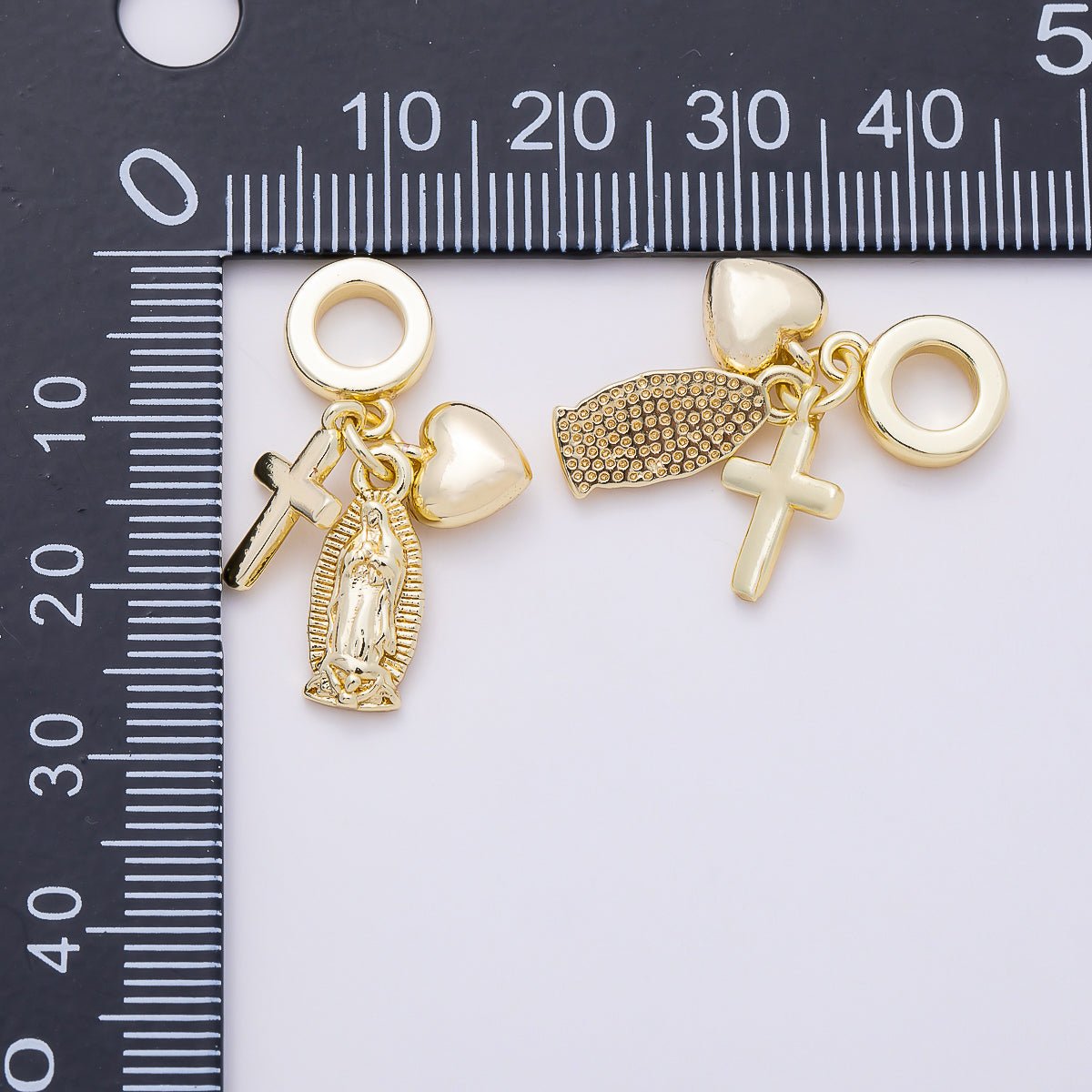 16K Gold Filled 27mm Religious Chubby Heart Cross Mother Mary Sunburst Drop Rondelle Pendant | Charms-01155 - DLUXCA