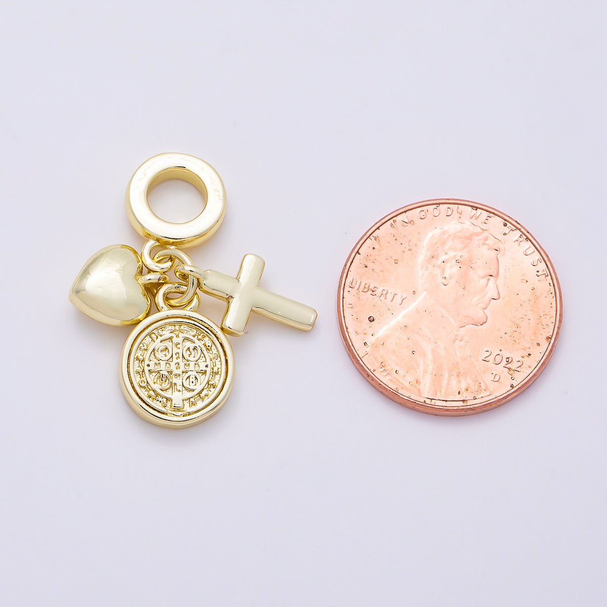 16K Gold Filled 27mm Religious Chubby Heart Cross Saint Benedict SMQLIVB PAX VRSNSMV Round Drop Rondelle Pendant | Charms-01156 - DLUXCA