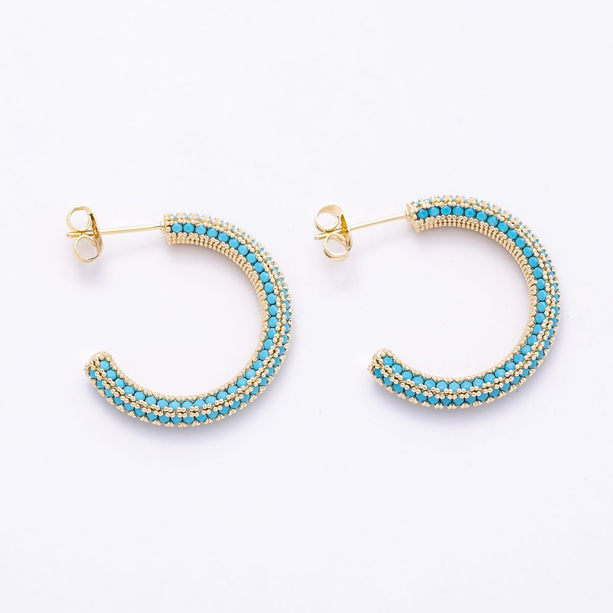 16K Gold Filled 27mm Turquoise Micro Paved CZ Open C-Hoops Earrings | Earrings-00837 - DLUXCA
