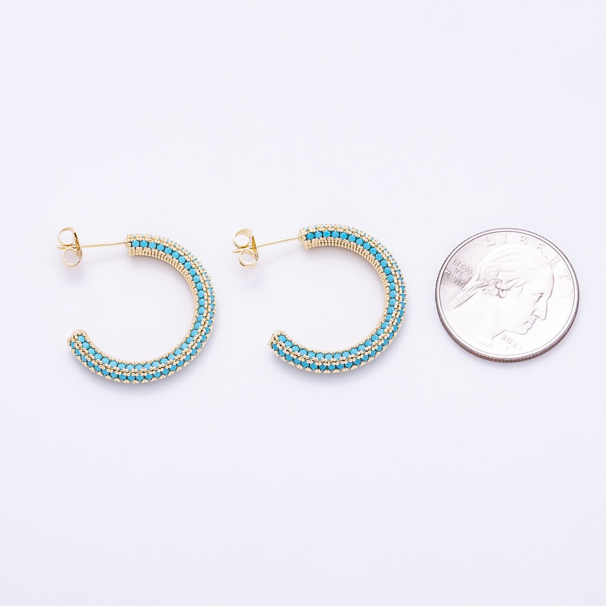 16K Gold Filled 27mm Turquoise Micro Paved CZ Open C-Hoops Earrings | Earrings-00837 - DLUXCA