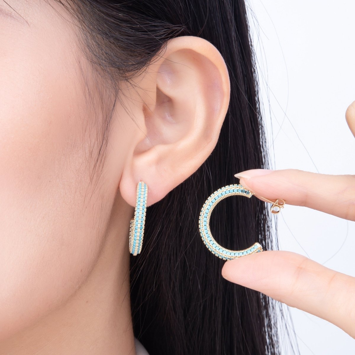 16K Gold Filled 27mm Turquoise Micro Paved CZ Open C-Hoops Earrings | Earrings-00837 - DLUXCA