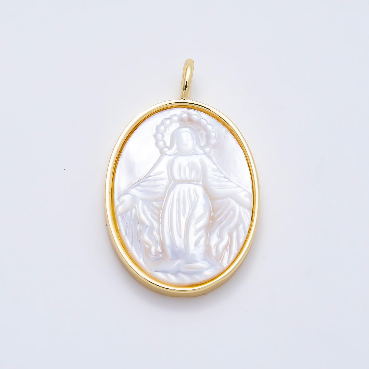 16K Gold Filled 27mm White Shell Pearl Virgin Mary Oval Charm | Charms-01508 - DLUXCA