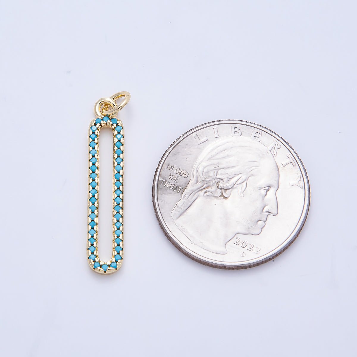 16K Gold Filled 28.5mm Turquoise Micro Paved Open Oblong Charm | Charms-01252 - DLUXCA