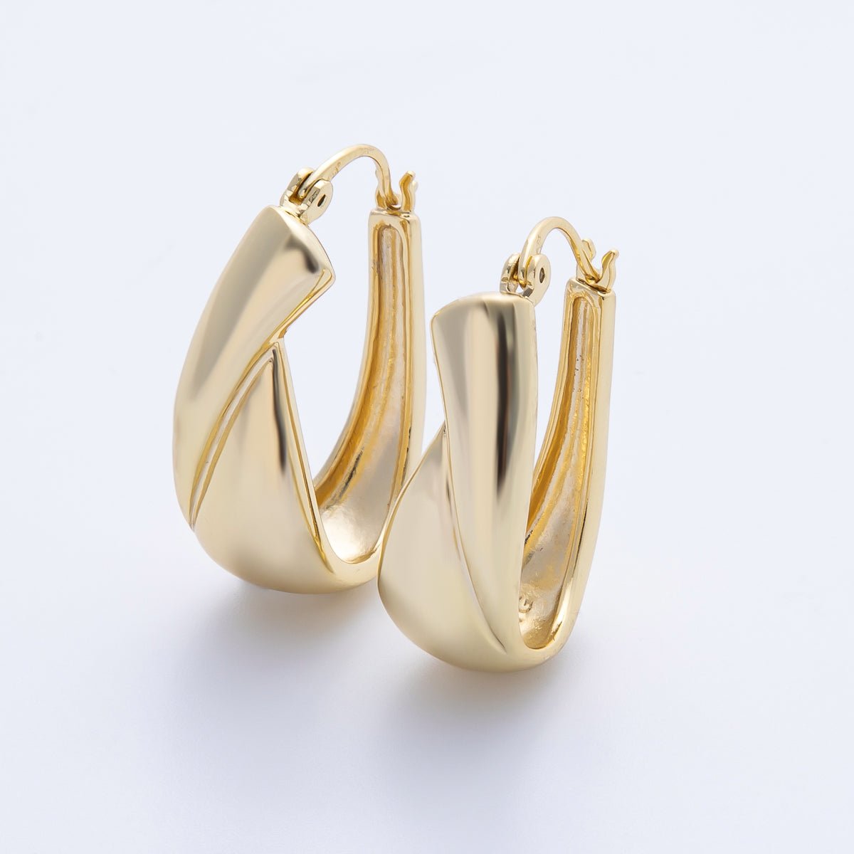 16K Gold Filled 28.8mm Quilted Lined Geometric U - Shaped Latch Hoop | Earrings - 00216 - DLUXCA