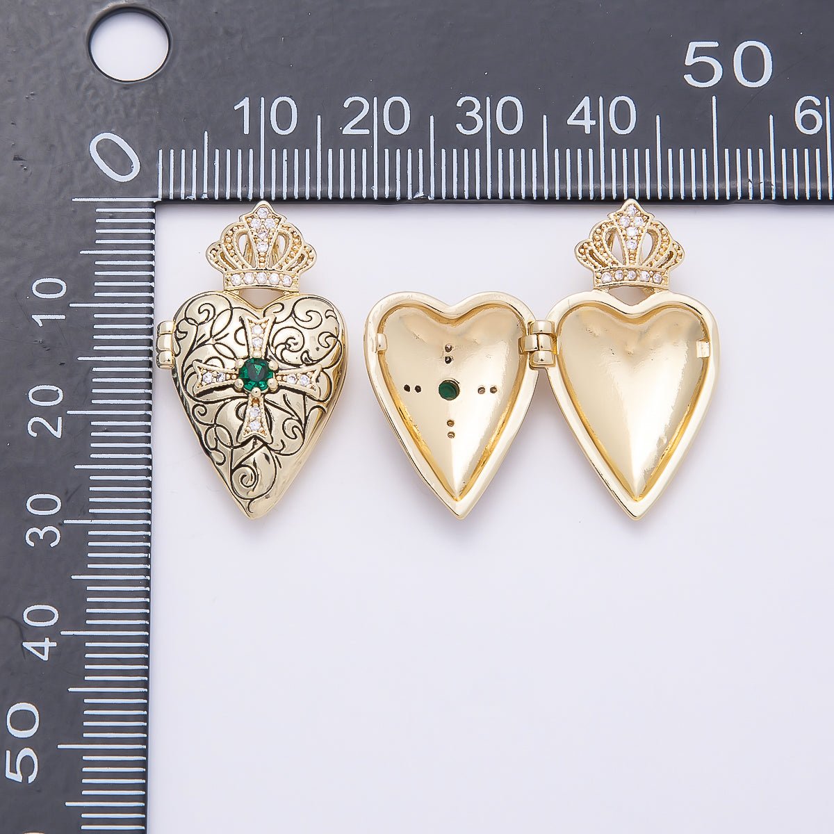 16K Gold Filled 28mm Green CZ Micro Paved Passion Cross Engraved Heart Crown Locket Pendant | Charms-01034 - DLUXCA