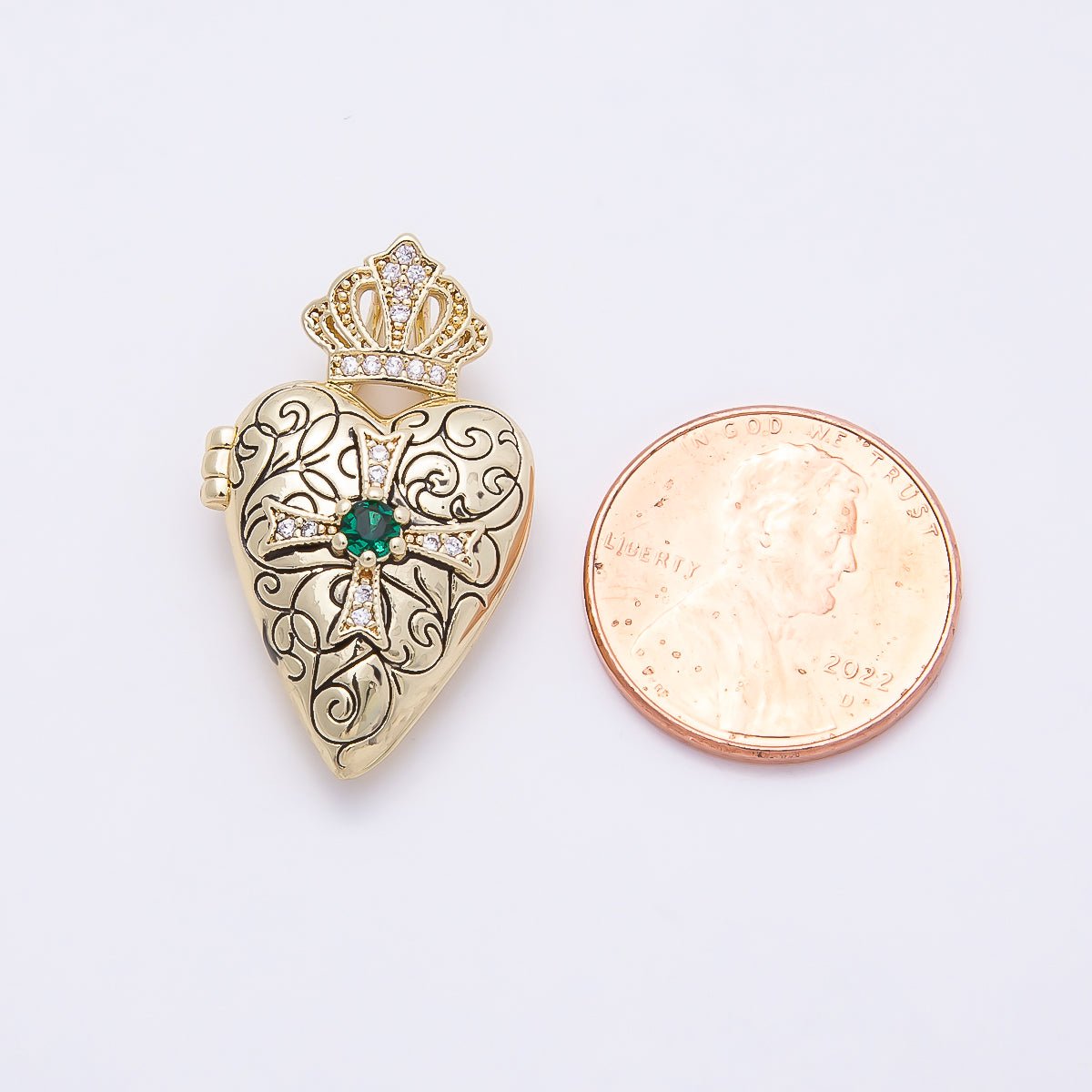 16K Gold Filled 28mm Green CZ Micro Paved Passion Cross Engraved Heart Crown Locket Pendant | Charms-01034 - DLUXCA