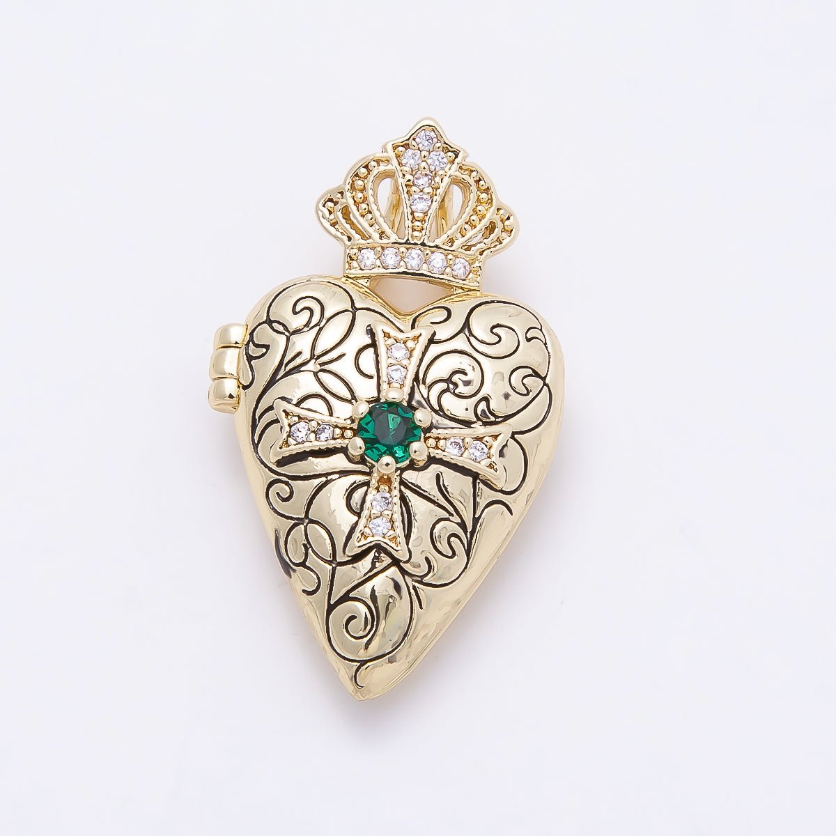 16K Gold Filled 28mm Green CZ Micro Paved Passion Cross Engraved Heart Crown Locket Pendant | Charms-01034 - DLUXCA