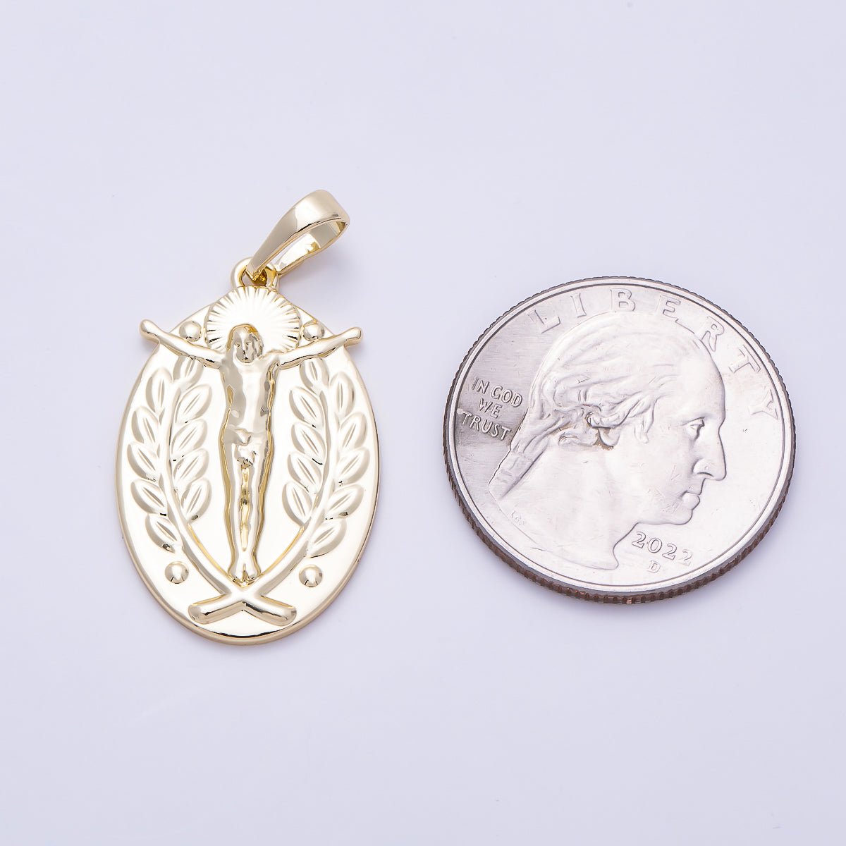 16K Gold Filled 28mm Religious Crucifix Double Sided Oval Pendant | Charms-01469 - DLUXCA
