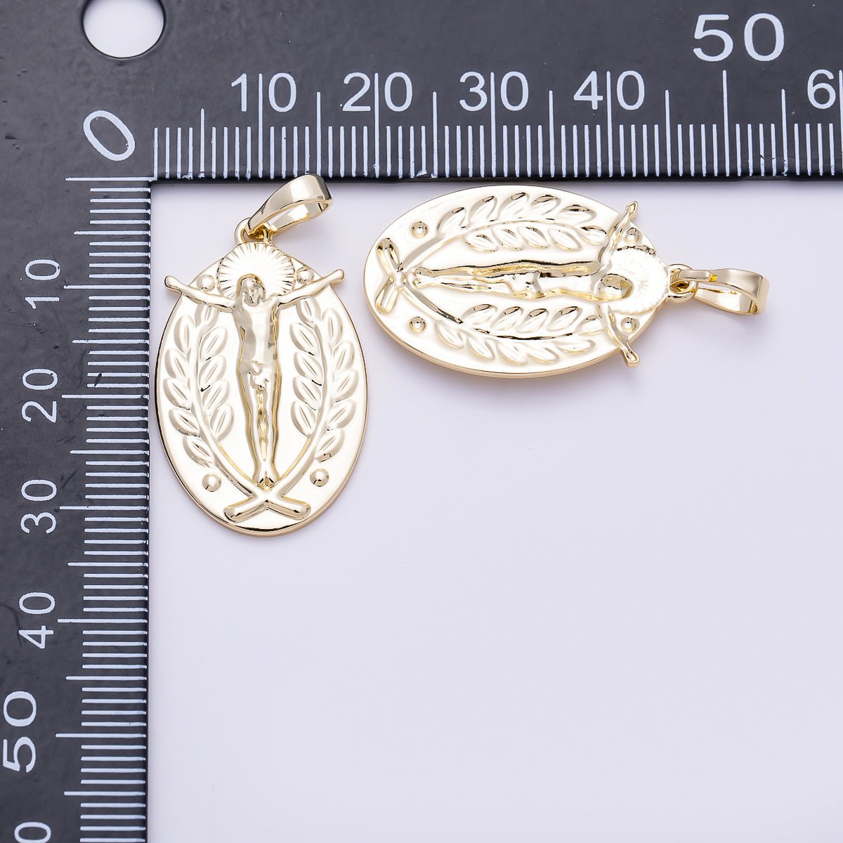 16K Gold Filled 28mm Religious Crucifix Double Sided Oval Pendant | Charms-01469 - DLUXCA
