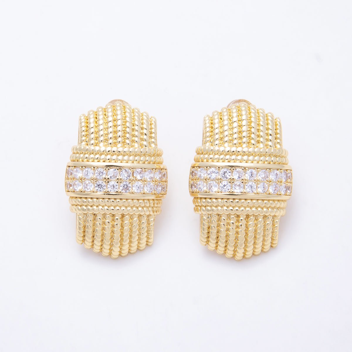 16K Gold Filled 28mm Ribbed Beaded Textured Statement Stud Earrings | Earrings-00825 - DLUXCA