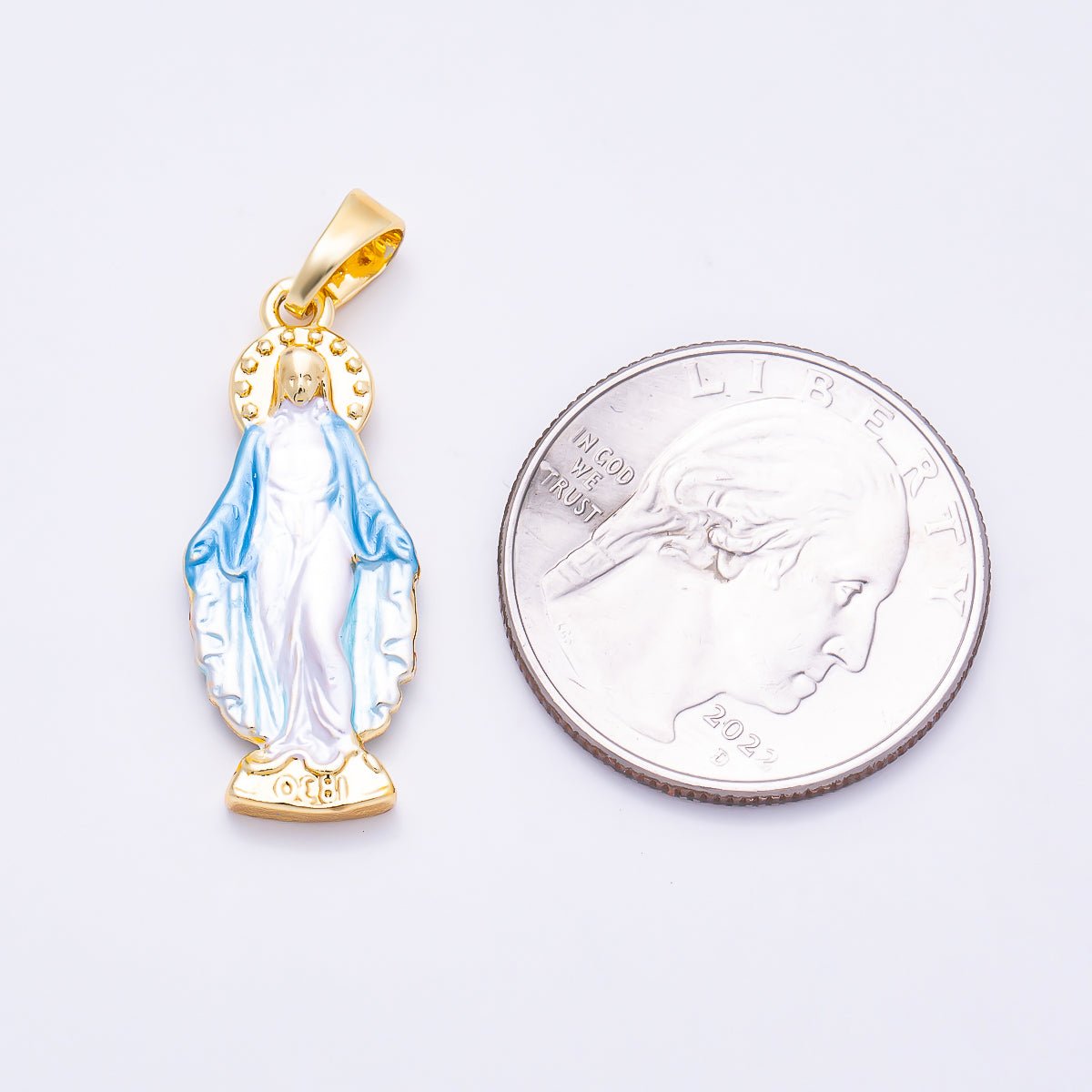16K Gold Filled 28mm White Blue Enamel Mother Mary Religious Pendant | Charm-02009 - DLUXCA
