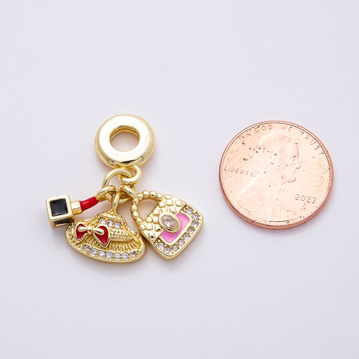 16K Gold Filled 29mm Bag Hat Makeup Micro Paved CZ Drop Rondelle Pendant | Charms - 00855 - DLUXCA