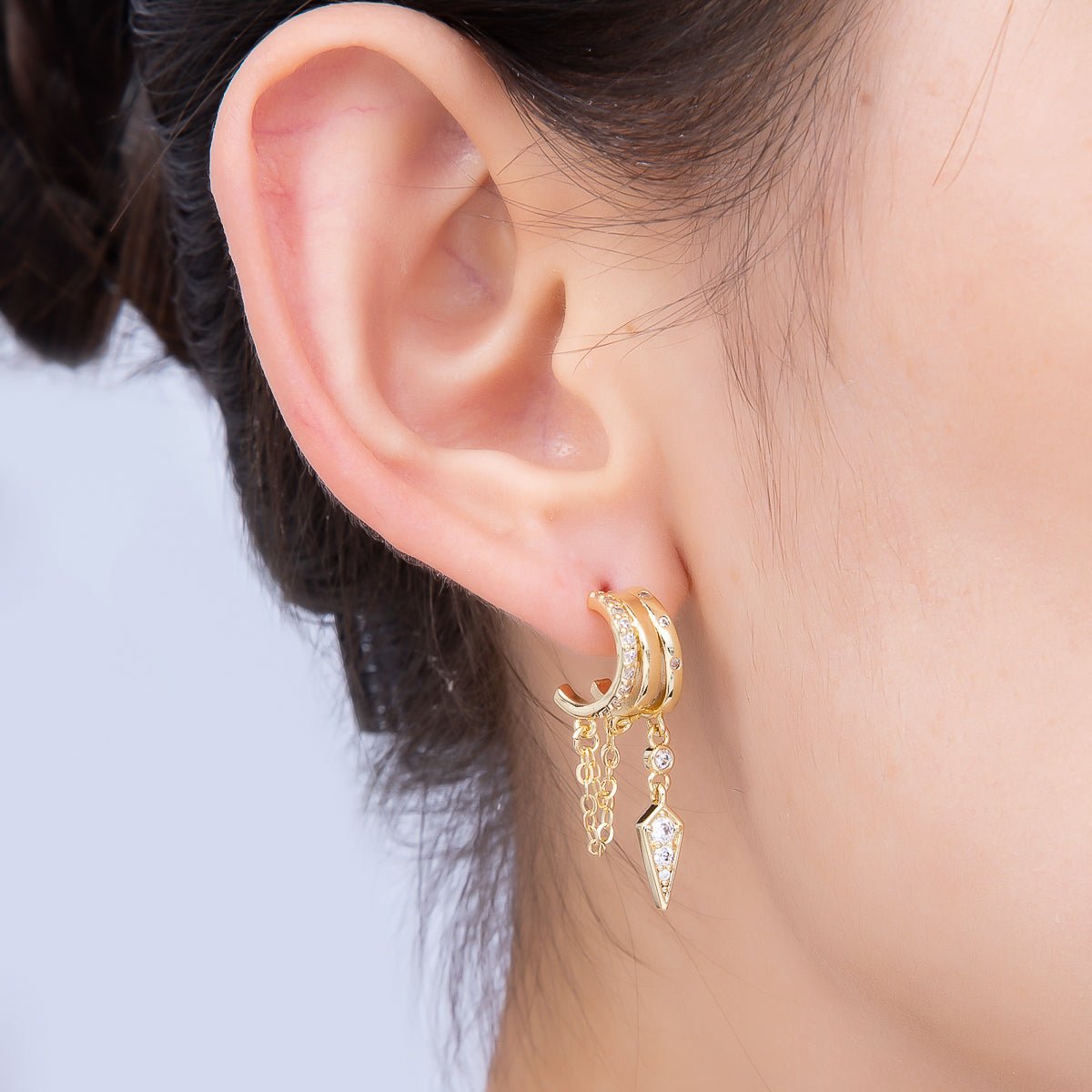 16K Gold Filled 29mm Clear Micro Paved CZ Spiked Chain Drop C-Shaped Hoop | Earrings-00688 - DLUXCA