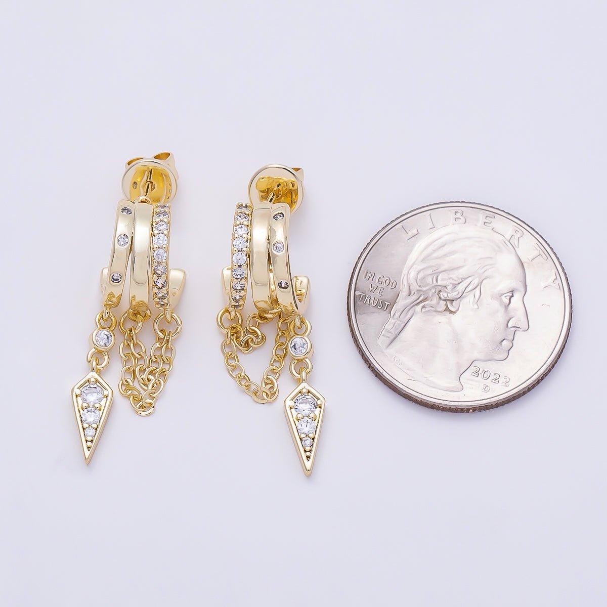 16K Gold Filled 29mm Clear Micro Paved CZ Spiked Chain Drop C-Shaped Hoop | Earrings-00688 - DLUXCA