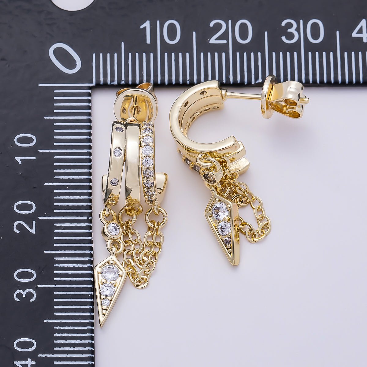 16K Gold Filled 29mm Clear Micro Paved CZ Spiked Chain Drop C-Shaped Hoop | Earrings-00688 - DLUXCA