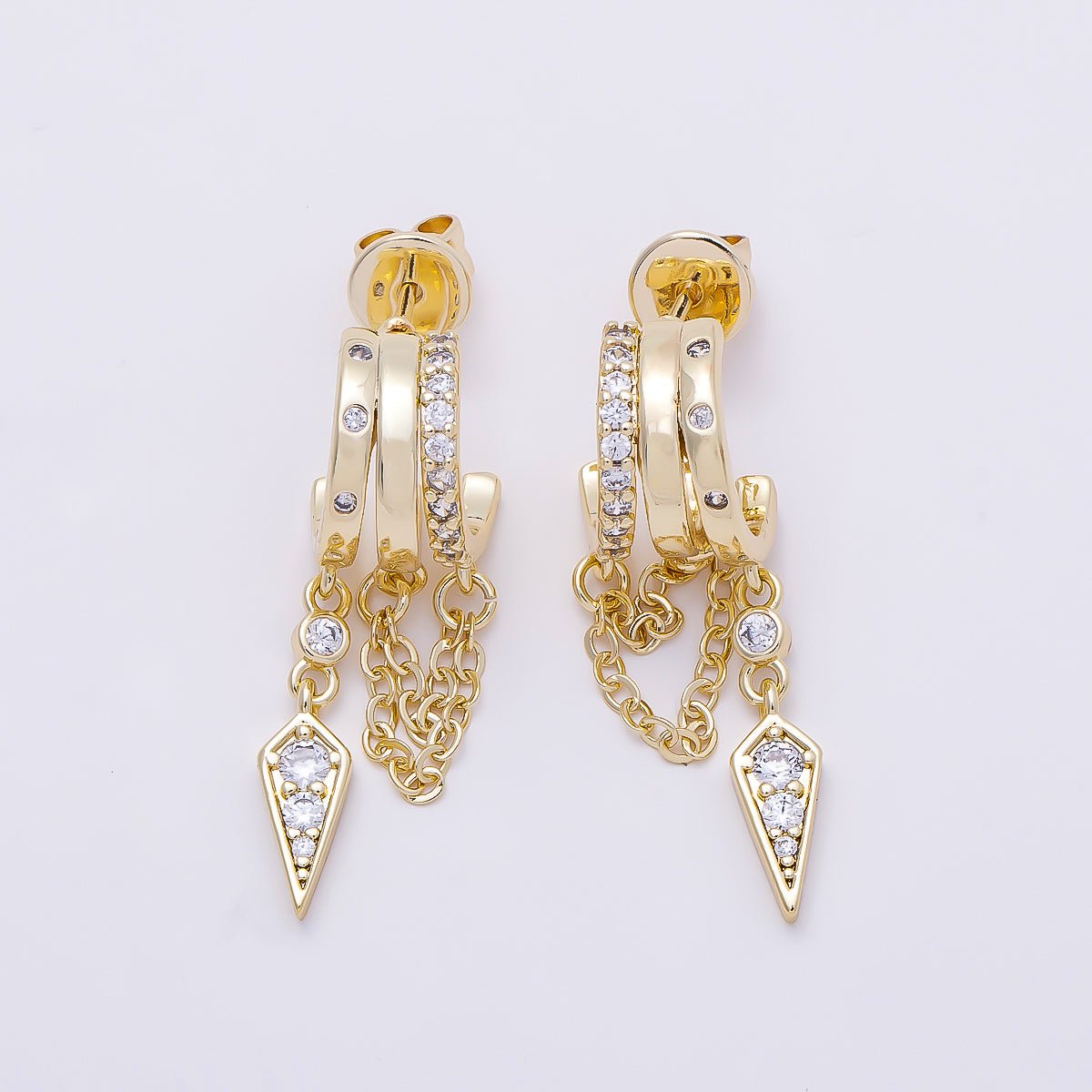 16K Gold Filled 29mm Clear Micro Paved CZ Spiked Chain Drop C-Shaped Hoop | Earrings-00688 - DLUXCA