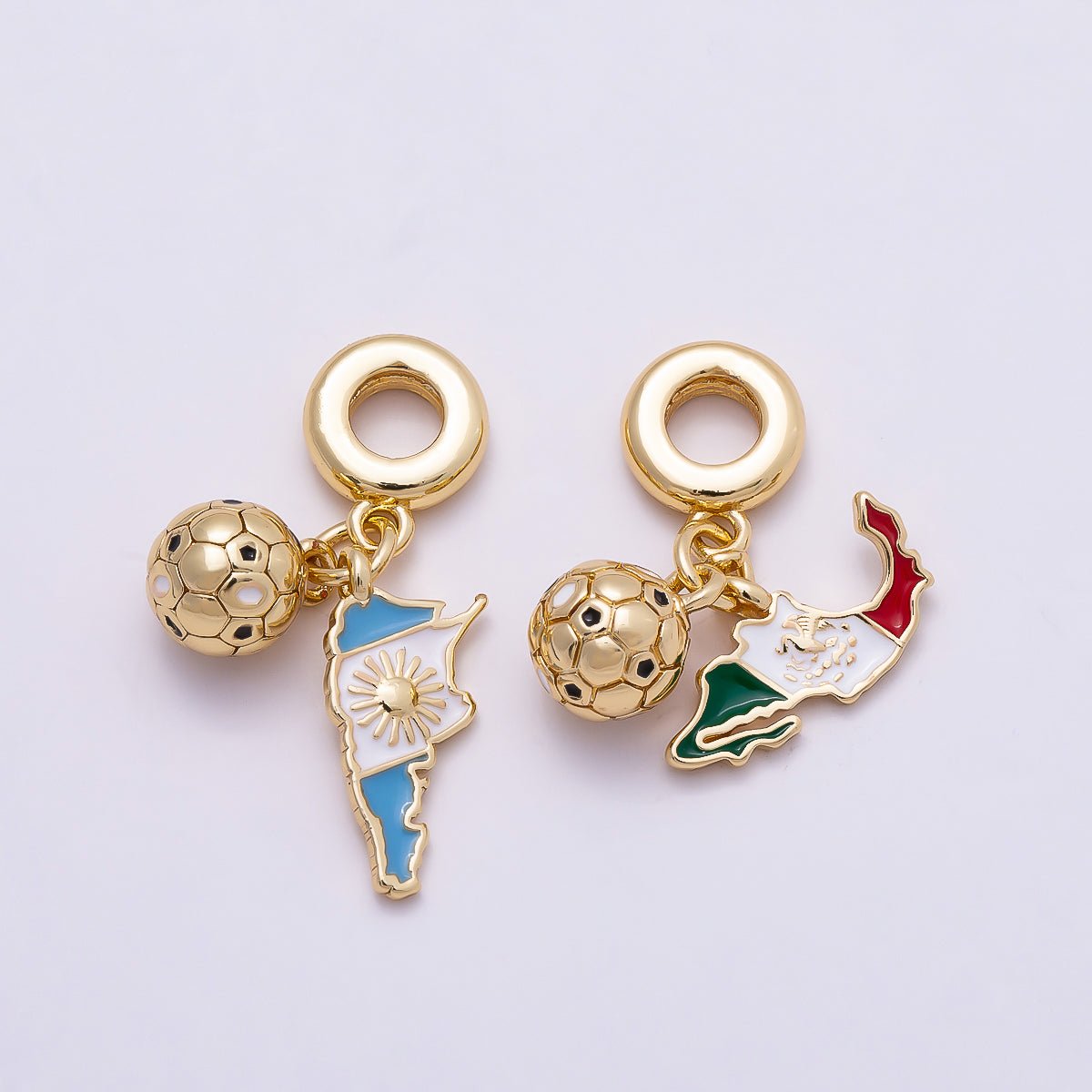 16K Gold Filled 29mm Map Flag & Soccer Ball Dual Dangle Rondelle Pendant Argentina Mexico | Charms-00957 - Charms-00958 - DLUXCA