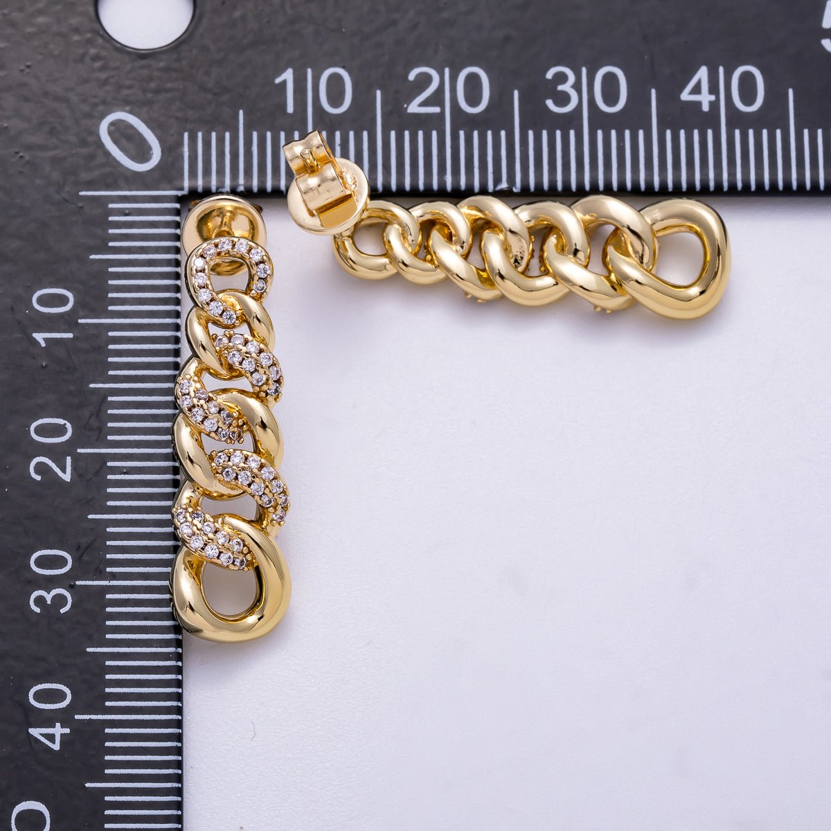16K Gold Filled 29mm Micro Paved CZ Curb Chain Link Drop Stud Earrings | Earrings - 00307 - DLUXCA