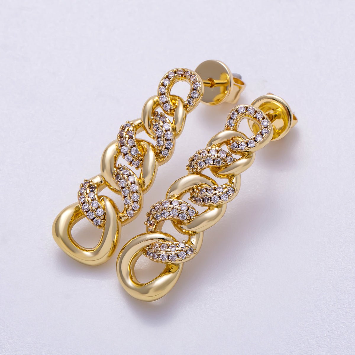16K Gold Filled 29mm Micro Paved CZ Curb Chain Link Drop Stud Earrings | Earrings - 00307 - DLUXCA