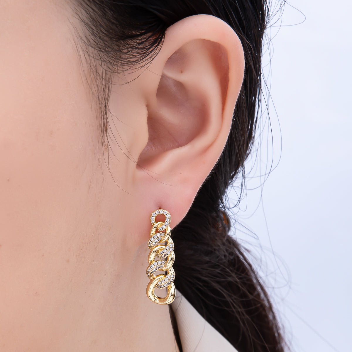 16K Gold Filled 29mm Micro Paved CZ Curb Chain Link Drop Stud Earrings | Earrings - 00307 - DLUXCA