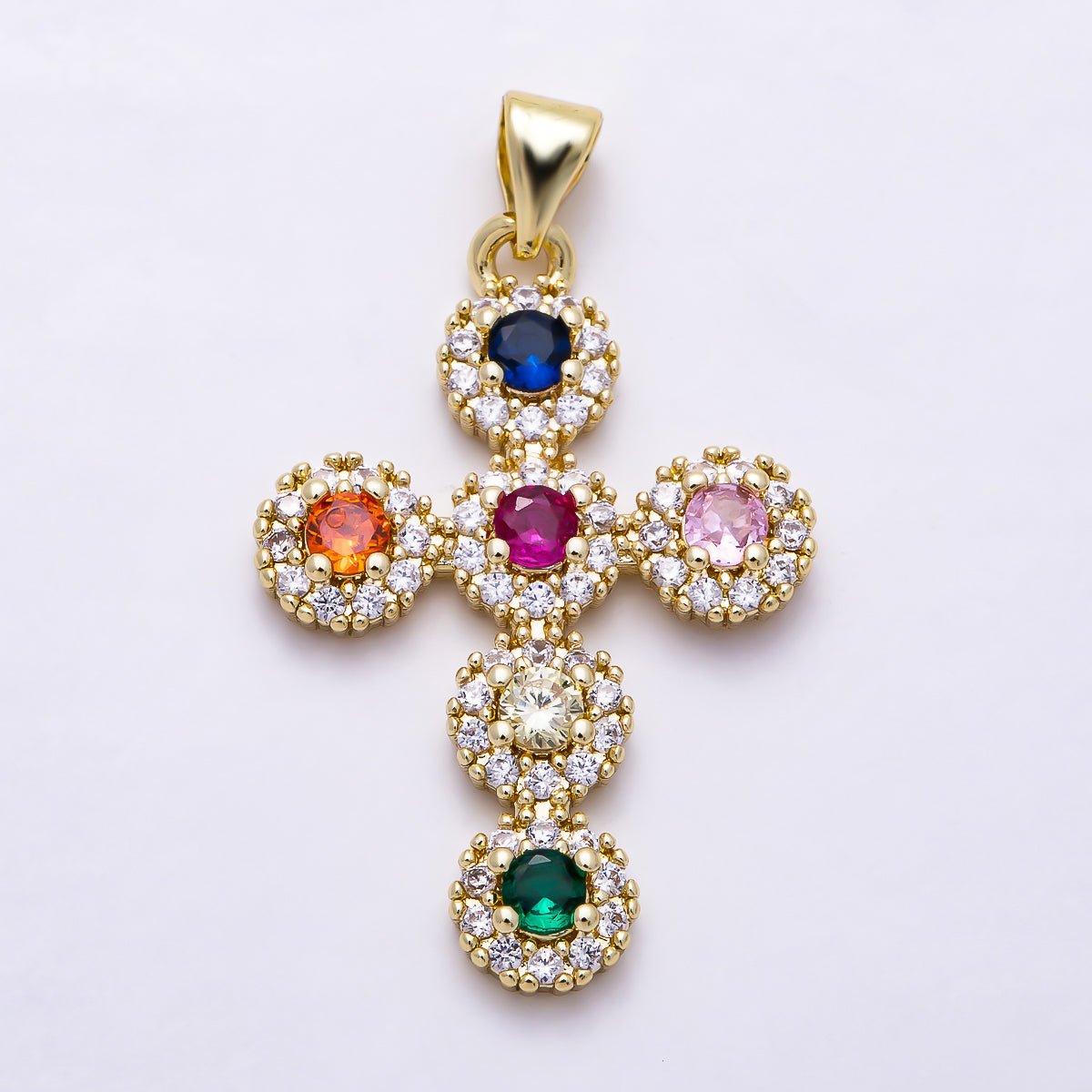 16K Gold Filled 29mm Multi Color Micro Paved CZ Cross Religious Pendant | Charms-01918 - Charms-01920 - DLUXCA