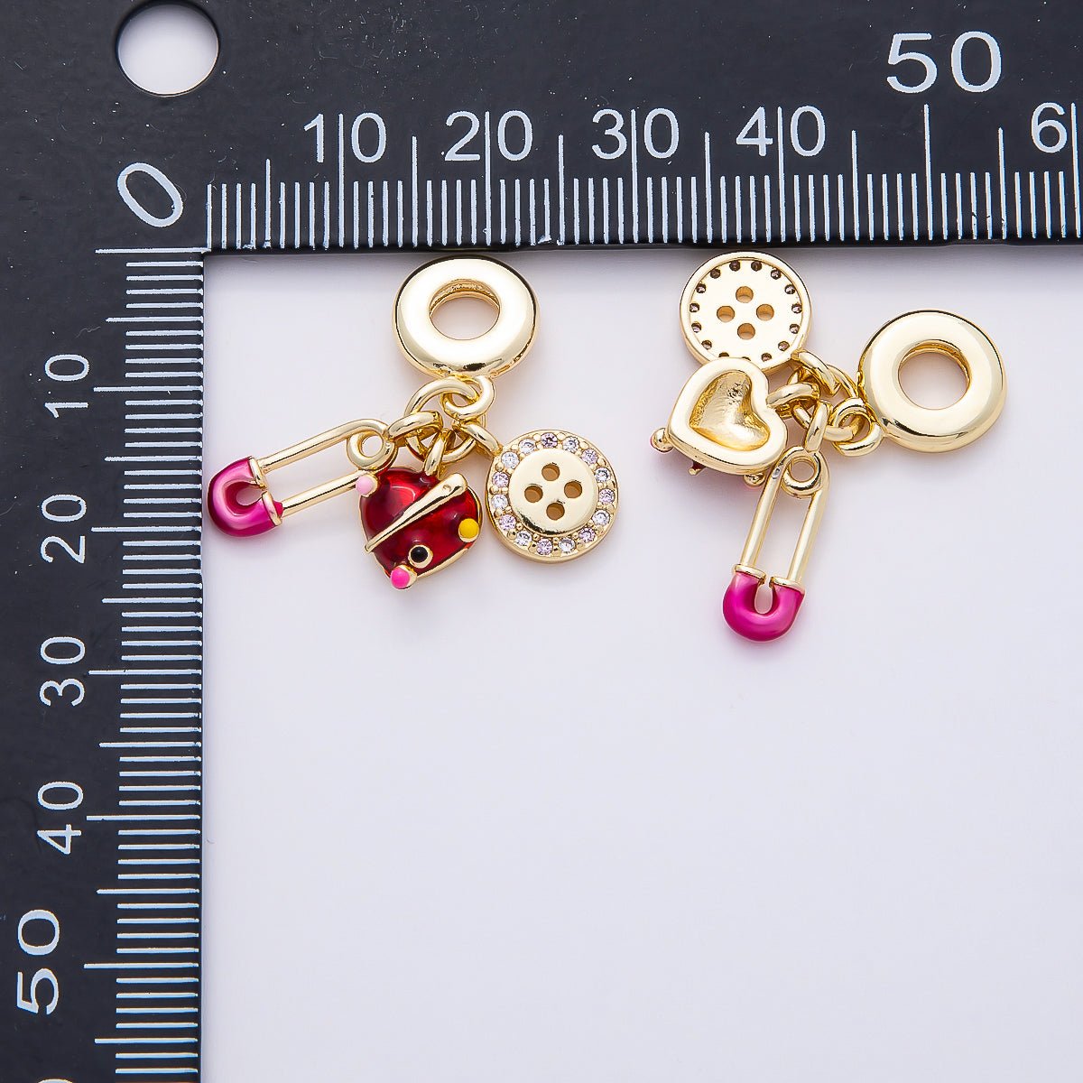 16K Gold Filled 29mm Sewing Kit Safety Pin Button Heart Drop Rondelle Pendant | Charms - 00853 - DLUXCA