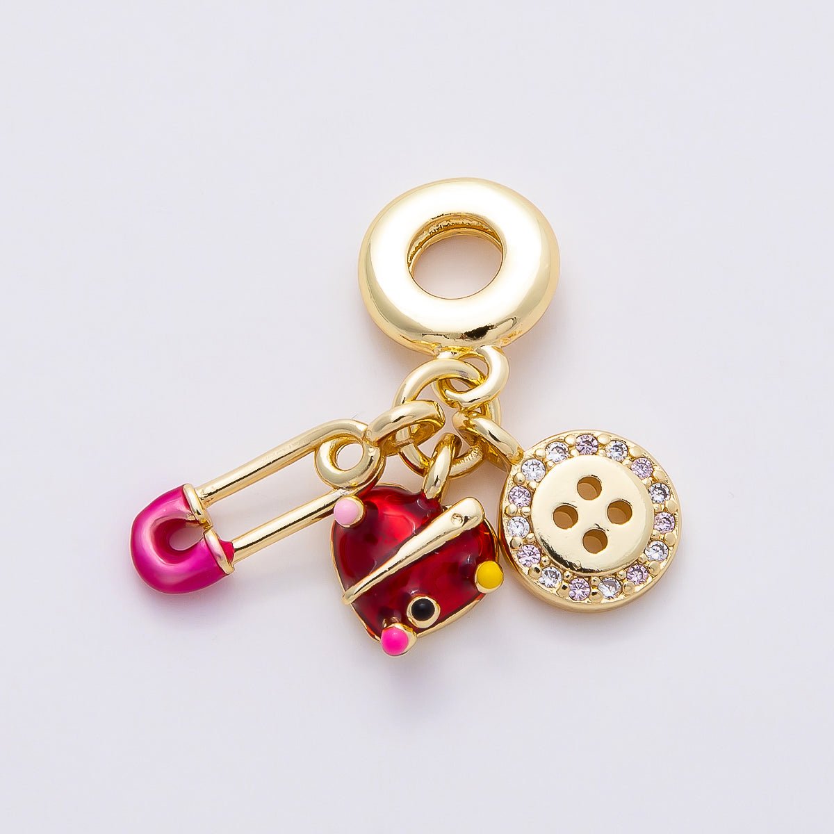16K Gold Filled 29mm Sewing Kit Safety Pin Button Heart Drop Rondelle Pendant | Charms - 00853 - DLUXCA