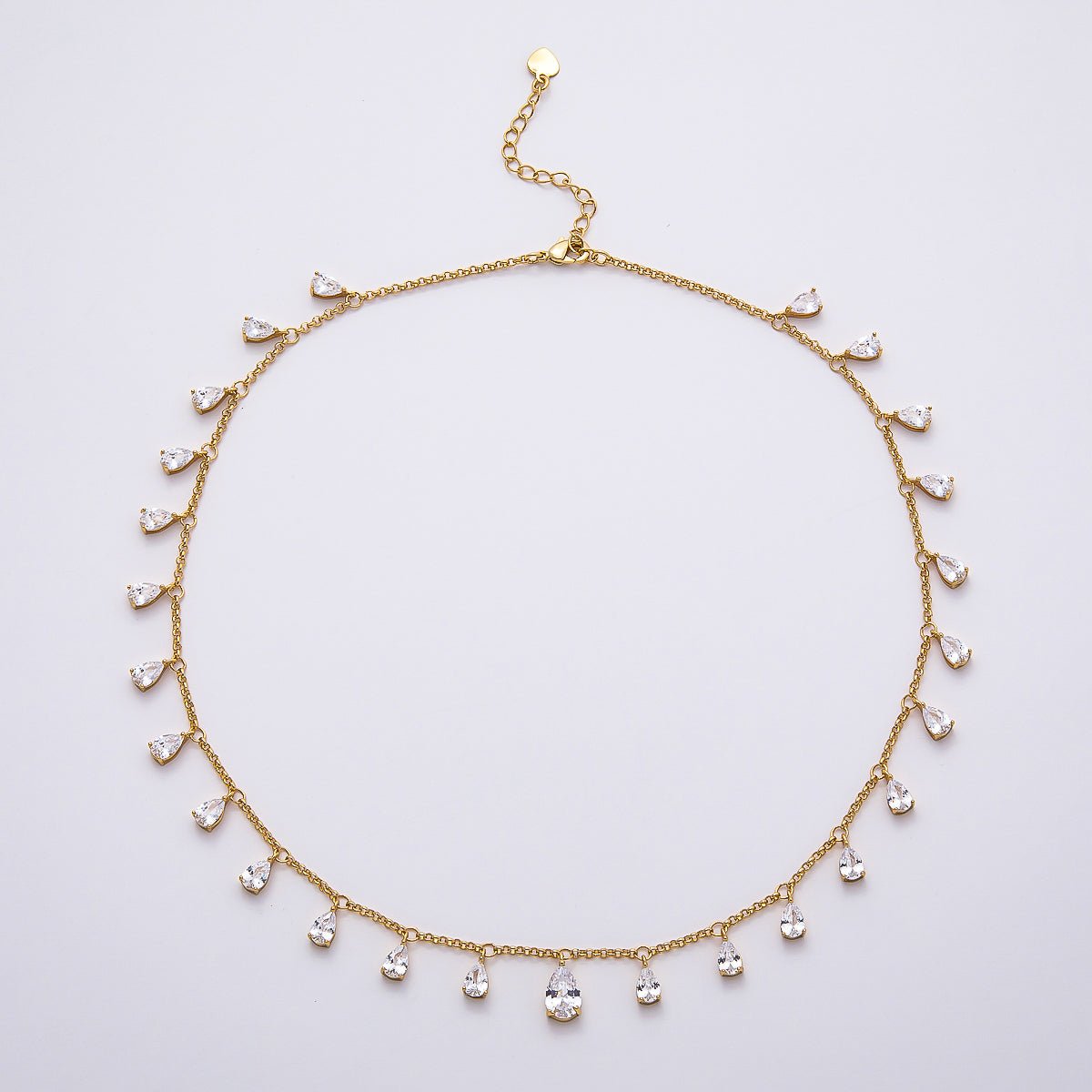 16K Gold Filled 2mm Clear CZ Teardrop Cable Chain 16 Inch Choker Necklace w. Extender | WA - 04496 - DLUXCA