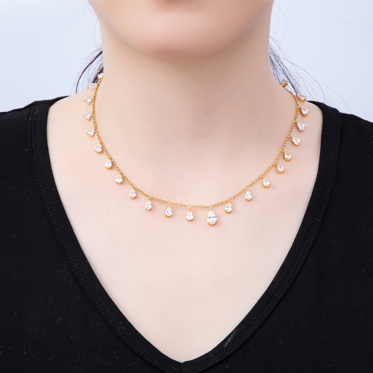 16K Gold Filled 2mm Clear CZ Teardrop Cable Chain 16 Inch Choker Necklace w. Extender | WA - 04496 - DLUXCA