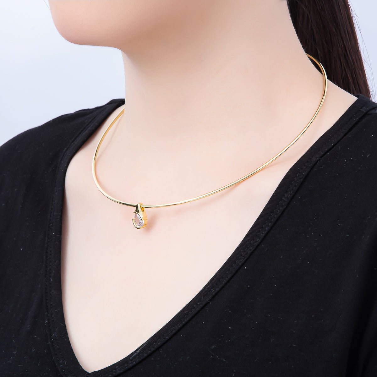 16K Gold Filled 2mm Teardrop Solitaire CZ Thin Torque Tube Choker Floating Collar Necklace | WA - 04410 - DLUXCA