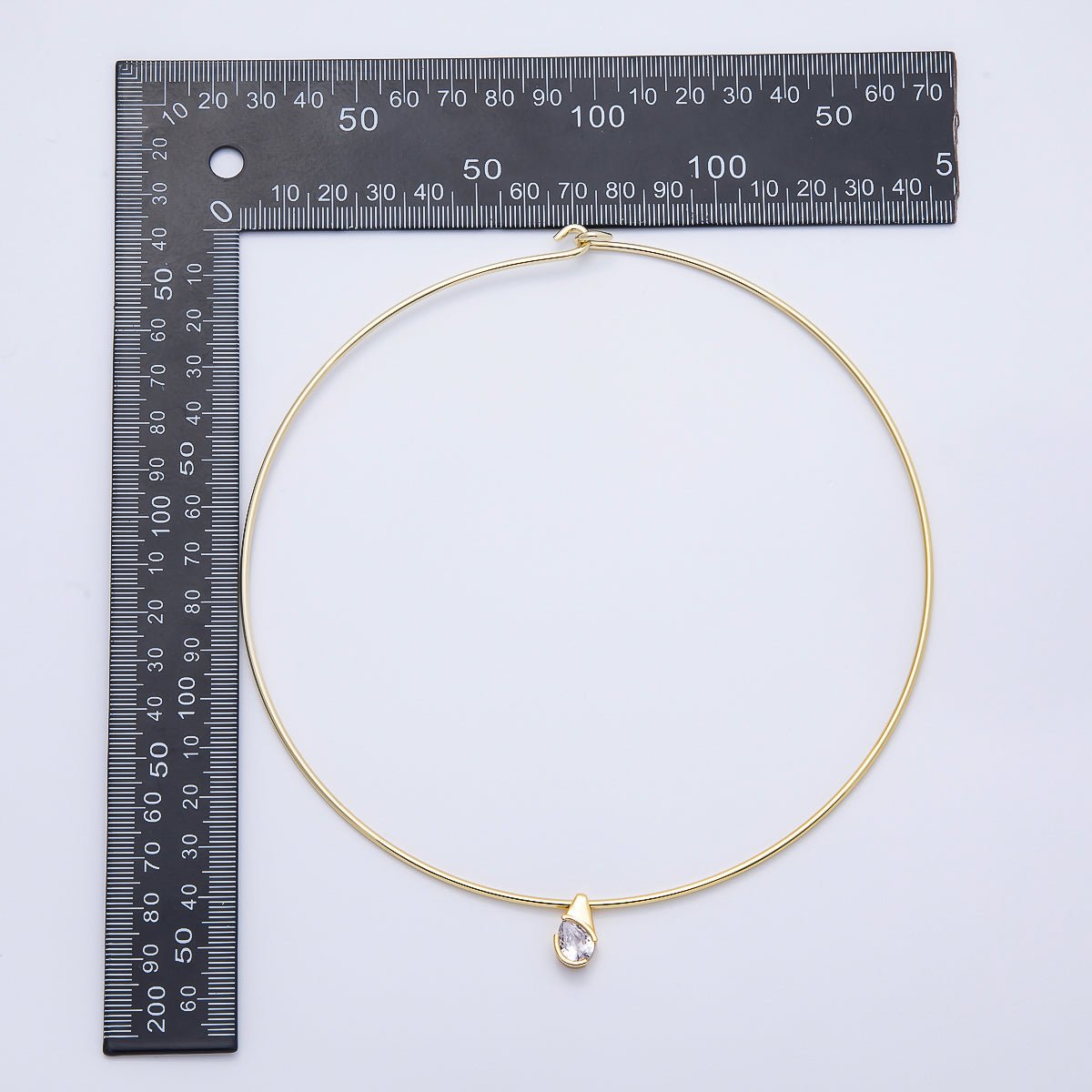 16K Gold Filled 2mm Teardrop Solitaire CZ Thin Torque Tube Choker Floating Collar Necklace | WA - 04410 - DLUXCA