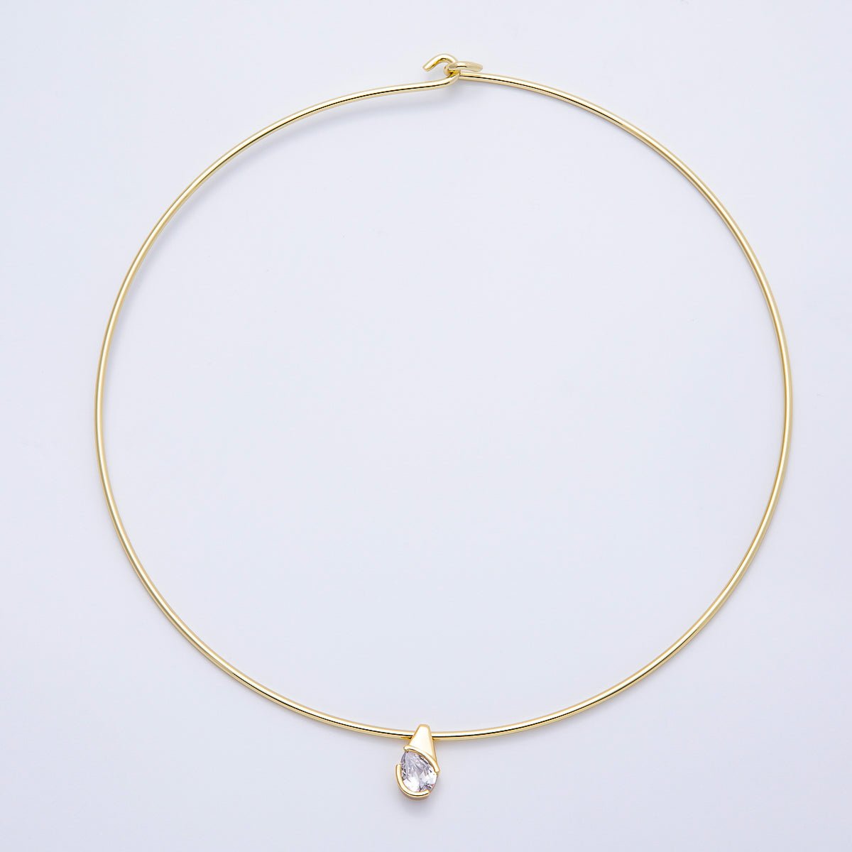 16K Gold Filled 2mm Teardrop Solitaire CZ Thin Torque Tube Choker Floating Collar Necklace | WA - 04410 - DLUXCA