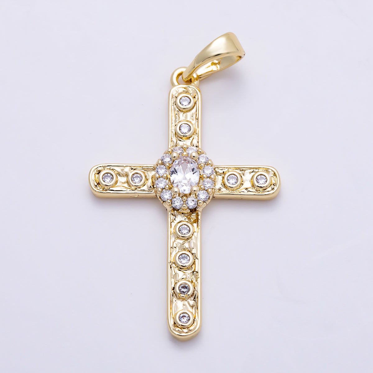 16K Gold Filled 30mm Clear CZ Micro Paved Dotted Hammered Religious Cross Pendant | Charms-01398 - DLUXCA