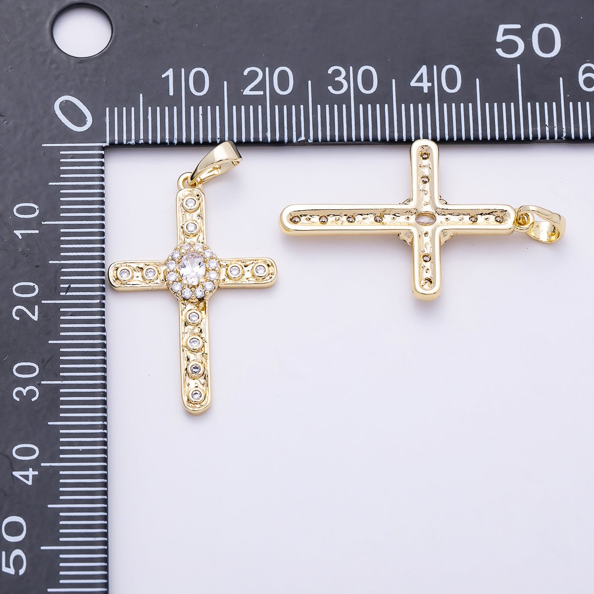 16K Gold Filled 30mm Clear CZ Micro Paved Dotted Hammered Religious Cross Pendant | Charms-01398 - DLUXCA