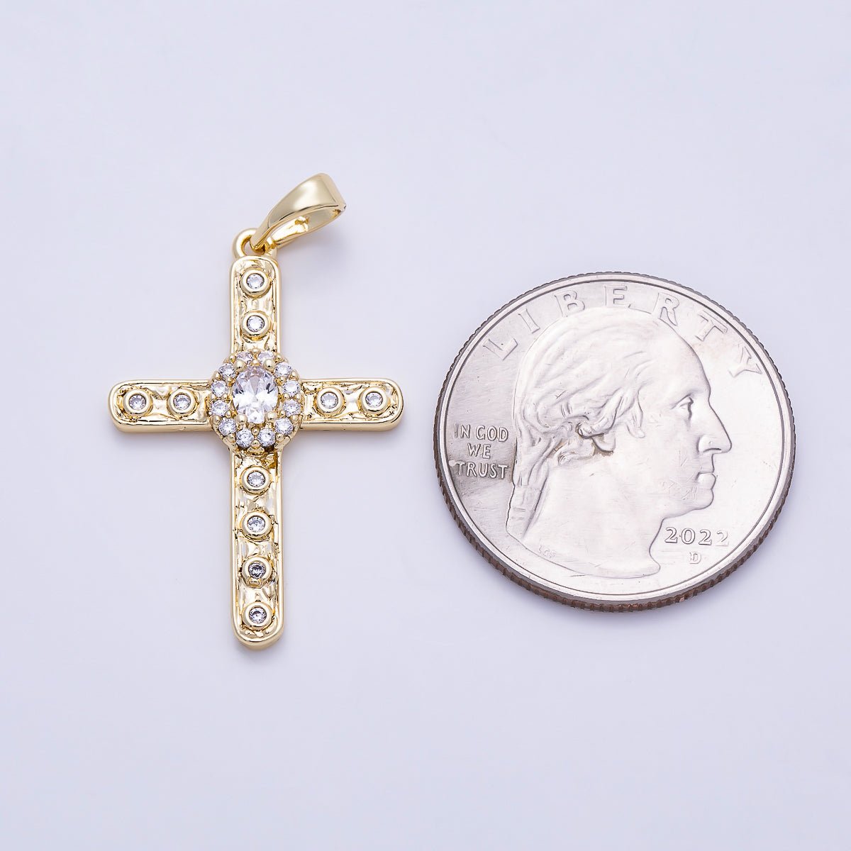 16K Gold Filled 30mm Clear CZ Micro Paved Dotted Hammered Religious Cross Pendant | Charms-01398 - DLUXCA