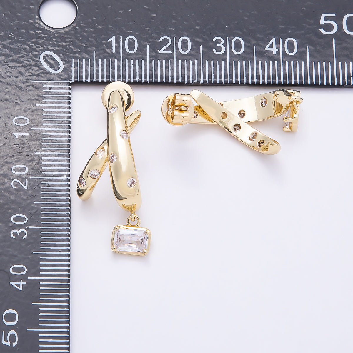 16K Gold Filled 30mm CZ Dotted Baguette C - Shaped Drop Stud Earrings | Earrings - 00402 - DLUXCA