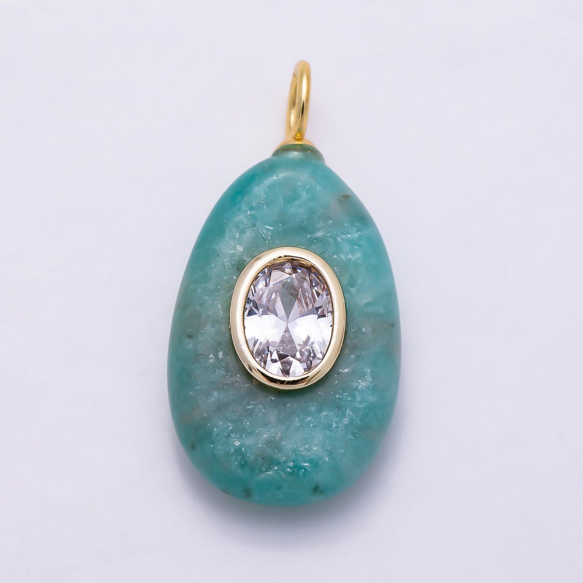 16K Gold Filled 30mm Green Aventurine Oval Bezel CZ Natural Gemstone Teardrop Charm | Charms-01904 - Charms-01905 - DLUXCA
